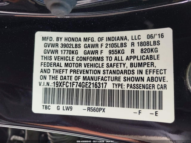 Honda Civic Ex-l 2016 19XFC1F74GE216317 Image 9