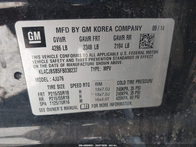 2015 Buick Encore Convenience მანქანა იყიდება აუქციონზე, vin: KL4CJBSB5FB038237, აუქციონის ნომერი: 45068051