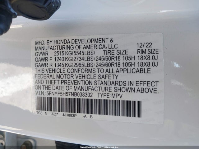 Продаж на аукціоні авто 2022 Honda Pilot 2wd Ex-l, vin: 5FNYF5H57NB038302, номер лоту: 45068056