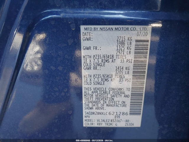 2020 Nissan Pathfinder Sv 2wd მანქანა იყიდება აუქციონზე, vin: 5N1DR2BNXLC621286, აუქციონის ნომერი: 45068068