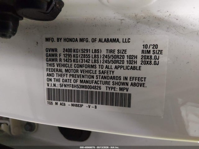 2021 Honda Passport Awd Ex-l მანქანა იყიდება აუქციონზე, vin: 5FNYF8H53MB004826, აუქციონის ნომერი: 45068076