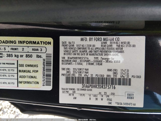 Aukcja sprzedaży 2013 Ford Fusion Se, vin: 3FA6P0HR2DR375716, numer aukcji: 45068078