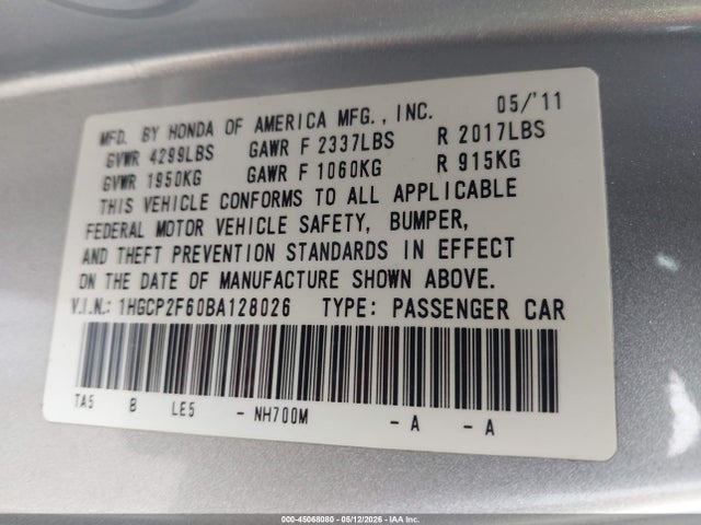 2011 Honda Accord 2.4 Se მანქანა იყიდება აუქციონზე, vin: 1HGCP2F60BA128026, აუქციონის ნომერი: 45068080