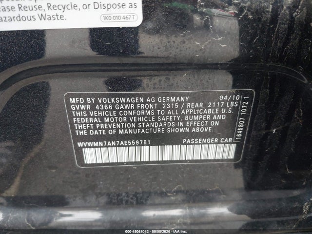 45068082 :رقم المزاد ، WVWMN7AN7AE559751 vin ، 2010 Volkswagen Cc Sport مزاد بيع