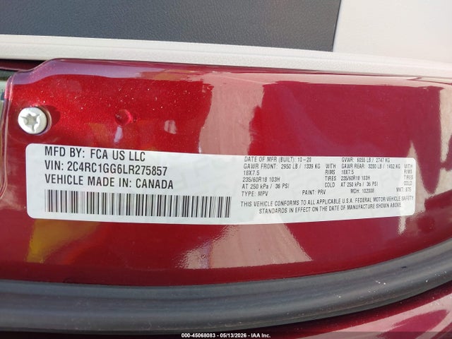 45068083 :رقم المزاد ، 2C4RC1GG6LR275857 vin ، 2020 Chrysler Pacifica Limited مزاد بيع