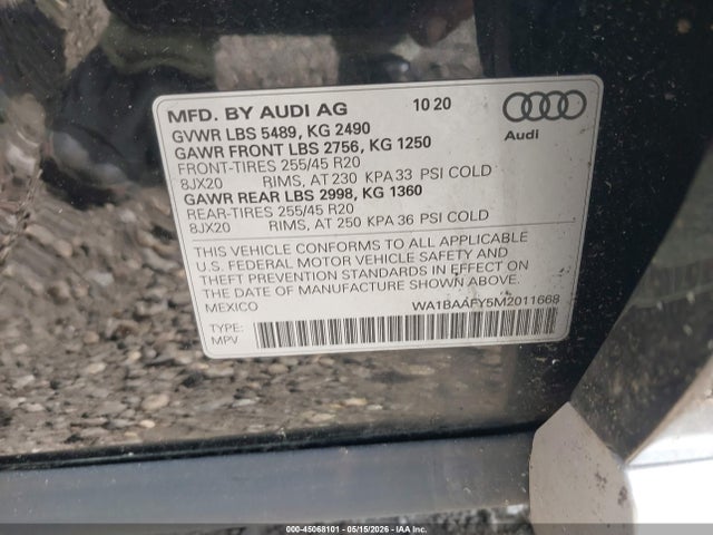 45068101 :رقم المزاد ، WA1BAAFY5M2011668 vin ، 2021 Audi Q5 Premium Plus 45 Tfsi Quattro S Tronic مزاد بيع