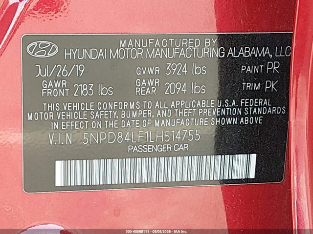 5NPD84LF1LH514755 Hyundai ELANTRA SEL