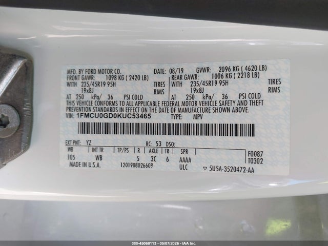 Продажа на аукционе авто 2019 Ford Escape Se, vin: 1FMCU0GD0KUC53465, номер лота: 45068113