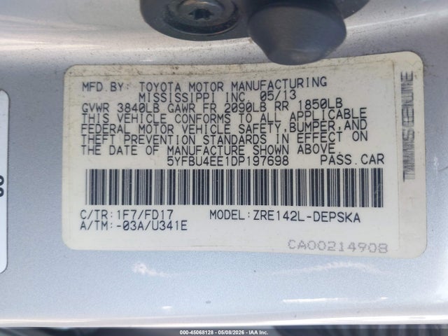 Aukcja sprzedaży 2013 Toyota Corolla S, vin: 5YFBU4EE1DP197698, numer aukcji: 45068128