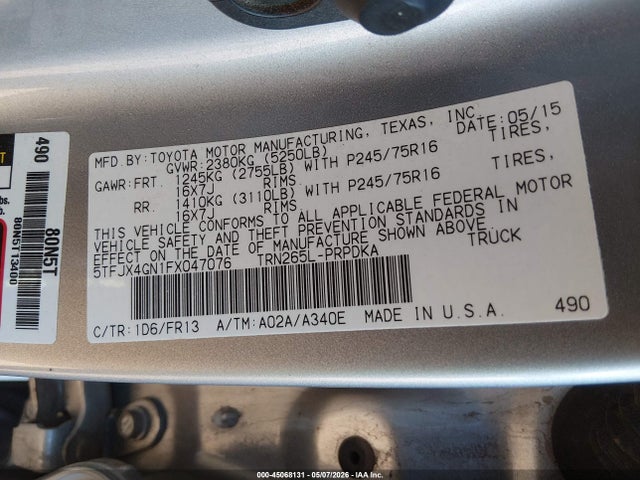 Aukcja sprzedaży 2015 Toyota Tacoma Prerunner, vin: 5TFJX4GN1FX047076, numer aukcji: 45068131