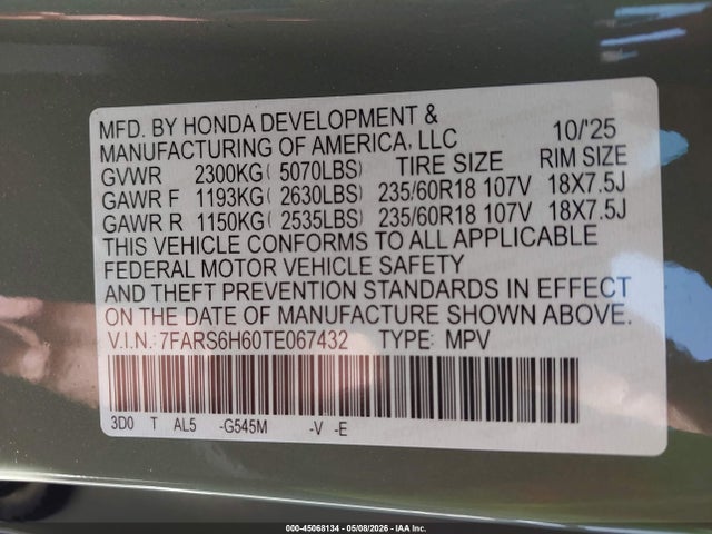 Продажа на аукционе авто 2026 Honda Cr-v Hybrid Awd Trailsport, vin: 7FARS6H60TE067432, номер лота: 45068134