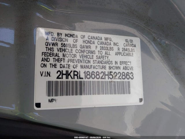 45068147 :رقم المزاد ، 2HKRL18682H522863 vin ، 2002 Honda Odyssey Ex مزاد بيع