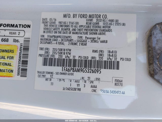45068148 :رقم المزاد ، 1FA6P8AM9G5326095 vin ، 2016 Ford Mustang V6 مزاد بيع