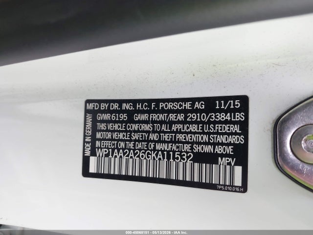 45068151 :رقم المزاد ، WP1AA2A26GKA11532 vin ، 2016 Porsche Cayenne مزاد بيع