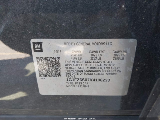 Продаж на аукціоні авто 2019 Chevrolet Bolt Ev Premier, vin: 1G1FZ6S07K4108233, номер лоту: 45068154