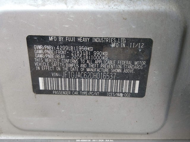 45068156 :رقم المزاد ، JF1GJAC62DH016537 vin ، 2013 Subaru Impreza 2.0i Premium مزاد بيع