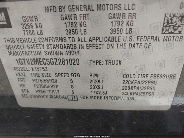 45068159 :رقم المزاد ، 1GTV2MEC5GZ281020 vin ، 2016 Gmc Sierra 1500 Sle مزاد بيع