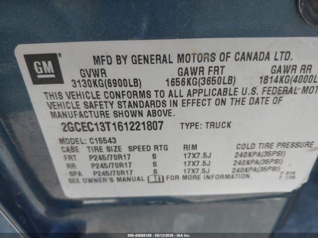 45068189 :رقم المزاد ، 2GCEC13T161221807 vin ، 2006 Chevrolet Silverado 1500 Lt1 مزاد بيع