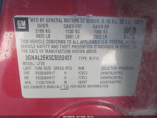 Продаж на аукціоні авто 2012 Chevrolet Captiva Sport 2ls, vin: 3GNAL2EK5CS552437, номер лоту: 45068190