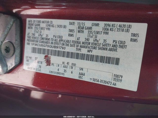 45068191 :رقم المزاد ، 1FMCU0G70GUB91793 vin ، 2016 Ford Escape Se مزاد بيع