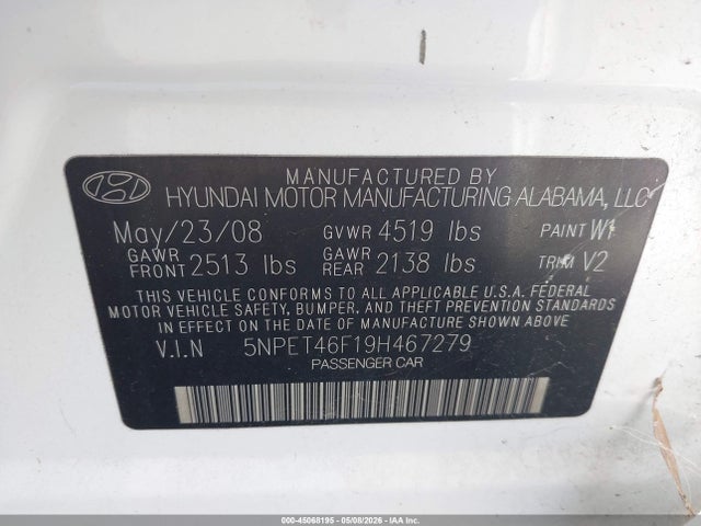 Aukcja sprzedaży 2009 Hyundai Sonata Gls V6, vin: 5NPET46F19H467279, numer aukcji: 45068195