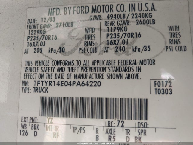 Продажа на аукционе авто 2004 Ford Ranger Edge, vin: 1FTYR14E04PA64220, номер лота: 45068205