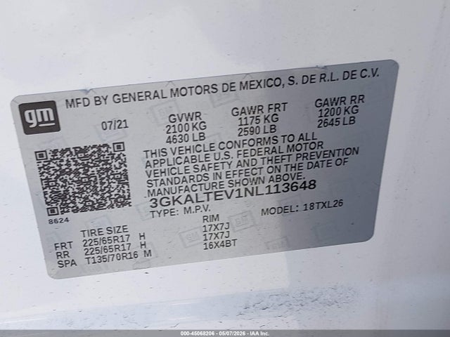 Aukcja sprzedaży 2022 Gmc Terrain Awd Sle, vin: 3GKALTEV1NL113648, numer aukcji: 45068206