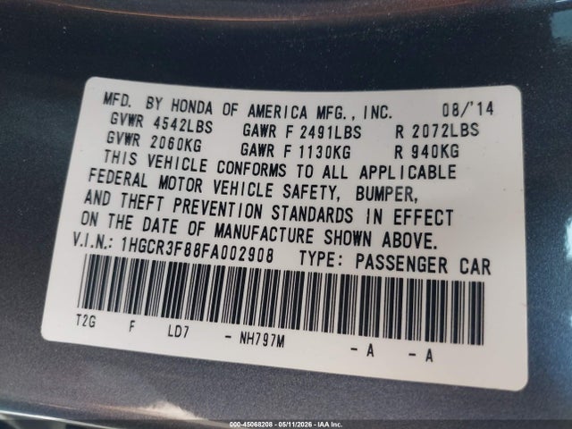 1HGCR3F88FA002908 Honda Accord Ex-l V-6