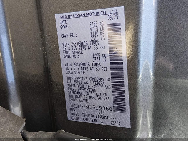 45068211 :رقم المزاد ، 5N1BT3BB6TC699360 vin ، 2026 Nissan Rogue Sv مزاد بيع