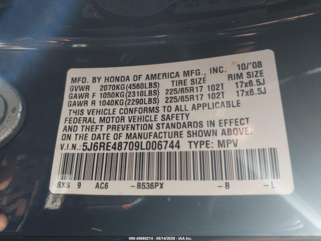 Aukcja sprzedaży 2009 Honda Cr-v Ex-l, vin: 5J6RE48709L006744, numer aukcji: 45068214