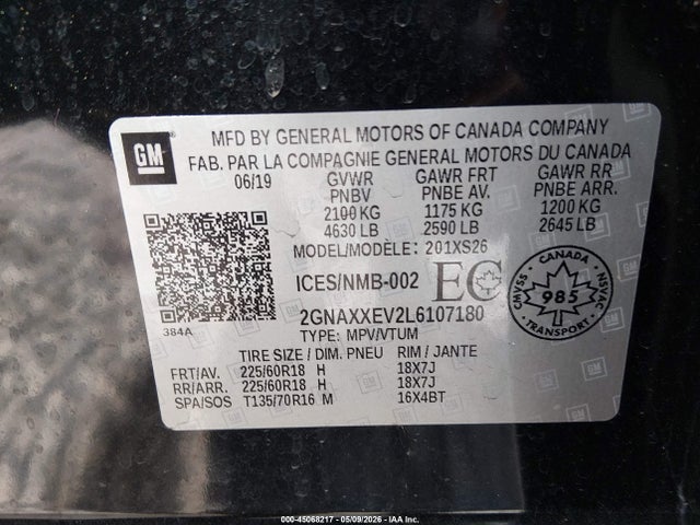 Продаж на аукціоні авто 2020 Chevrolet Equinox Premier, vin: 2GNAXXEV2L6107180, номер лоту: 45068217