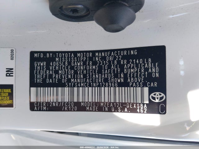 Продажа на аукционе авто 2022 Toyota Corolla Se, vin: 5YFS4MCE1NP128966, номер лота: 45068231