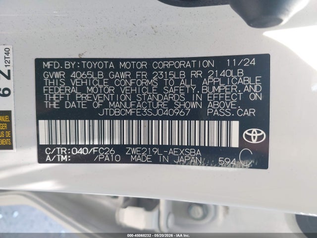 JTDBCMFE3SJ040967 Toyota Corolla Hybrid Se