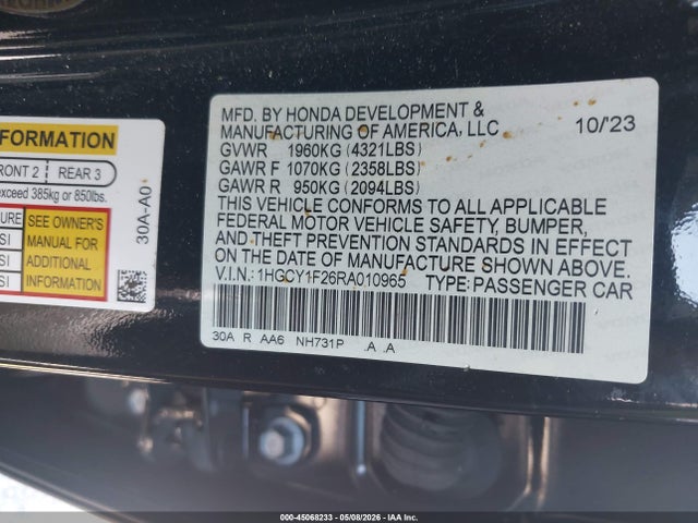 2024 Honda Accord Lx მანქანა იყიდება აუქციონზე, vin: 1HGCY1F26RA010965, აუქციონის ნომერი: 45068233