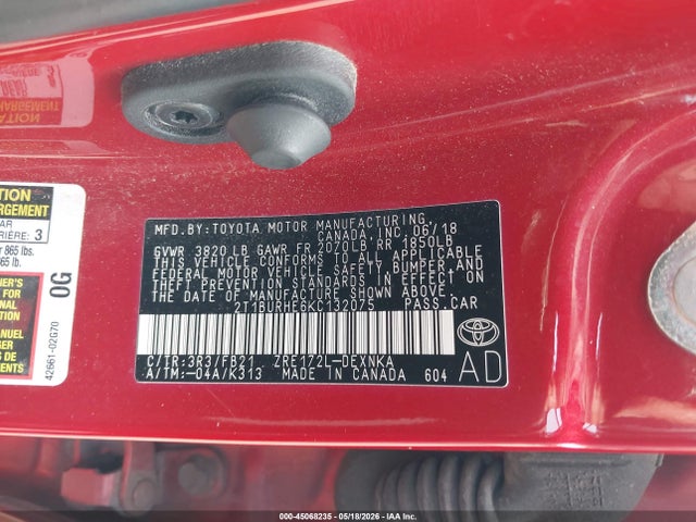 Продаж на аукціоні авто 2019 Toyota Corolla Le, vin: 2T1BURHE6KC132075, номер лоту: 45068235