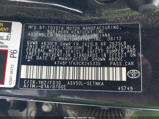 45068241 :رقم المزاد ، 4T4BF1FK9CR245335 vin ، 2012 Toyota Camry Le مزاد بيع