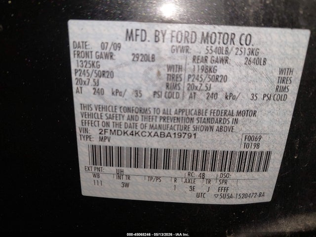 45068246 :رقم المزاد ، 2FMDK4KCXABA19791 vin ، 2010 Ford Edge Limited مزاد بيع