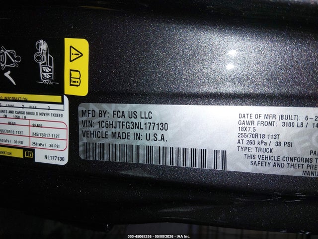 45068256 :رقم المزاد ، 1C6HJTFG3NL177130 vin ، 2022 Jeep Gladiator Overland 4x4 مزاد بيع
