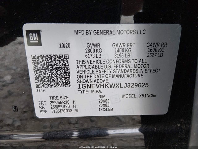 45068260 :رقم المزاد ، 1GNEVHKWXLJ329625 vin ، 2020 Chevrolet Traverse Awd Lt Leather مزاد بيع