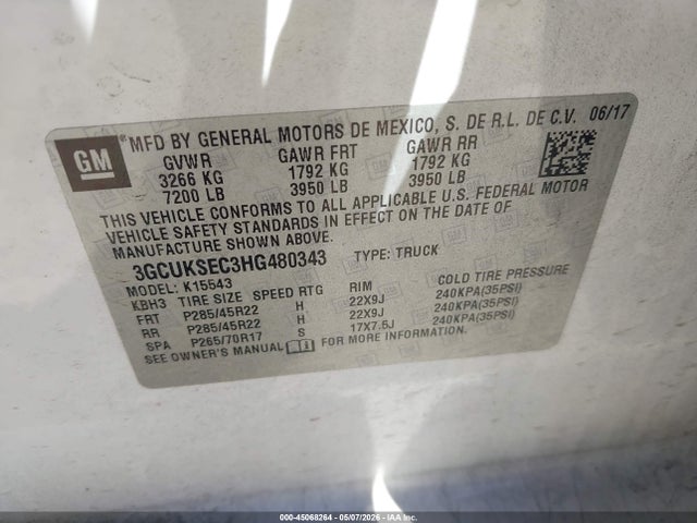 Aukcja sprzedaży 2017 Chevrolet Silverado 1500 1lz, vin: 3GCUKSEC3HG480343, numer aukcji: 45068264