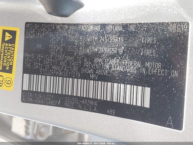 Продаж на аукціоні авто 2019 Toyota Highlander Se, vin: 5TDJZRFH9KS611219, номер лоту: 45068272