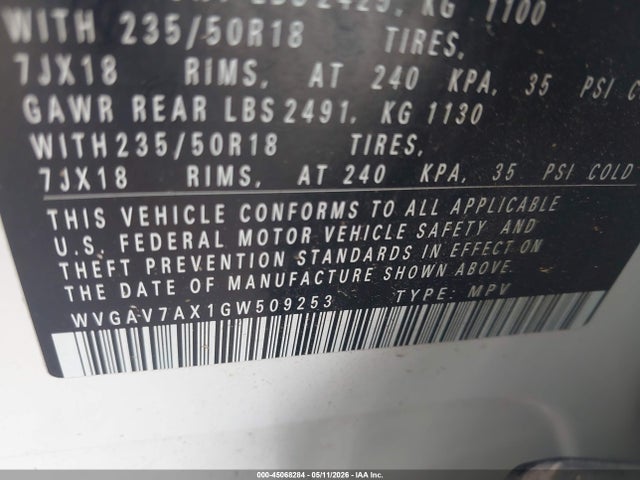 WVGAV7AX1GW509253 Volkswagen TIGUAN SE
