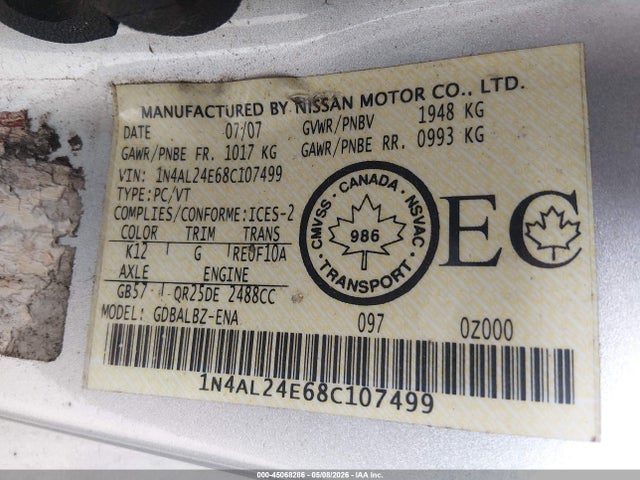2008 Nissan Altima 2.5 S მანქანა იყიდება აუქციონზე, vin: 1N4AL24E68C107499, აუქციონის ნომერი: 45068286