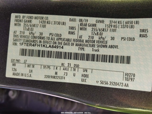Aukcja sprzedaży 2019 Ford Ranger Xlt, vin: 1FTER4FH1KLA84914, numer aukcji: 45068288