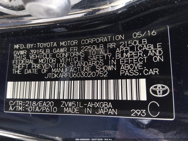 JTDKARFU6G3020752 Toyota Prius Four