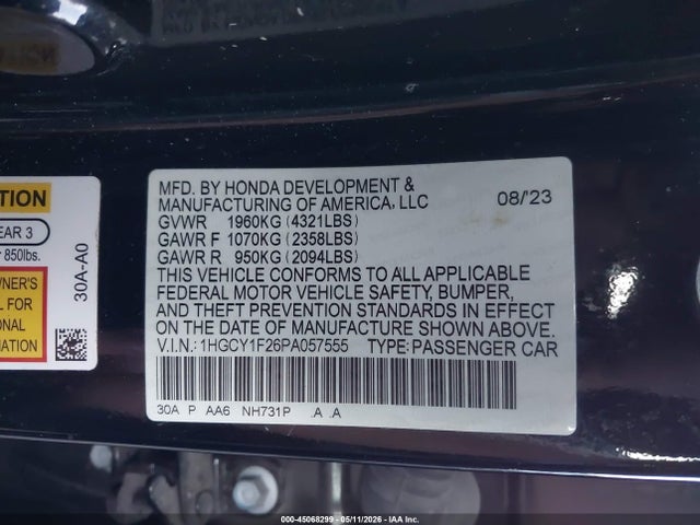 2023 Honda Accord Lx მანქანა იყიდება აუქციონზე, vin: 1HGCY1F26PA057555, აუქციონის ნომერი: 45068299