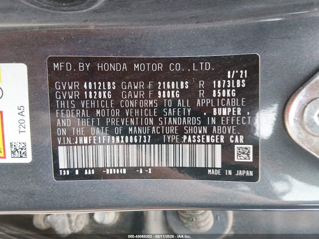 45068302 :رقم المزاد ، JHMFE1F79NX006737 vin ، 2022 Honda Civic Ex مزاد بيع