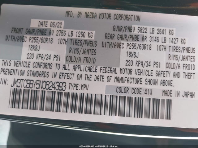 JM3TCBBY5N0624393 Mazda CX-9 SPORT