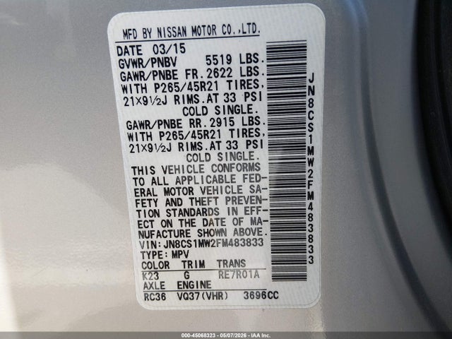 45068323 :رقم المزاد ، JN8CS1MW2FM483833 vin ، 2015 Infiniti Qx70 مزاد بيع
