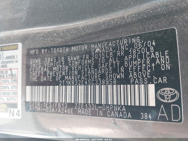 2005 Toyota Matrix Xr მანქანა იყიდება აუქციონზე, vin: 2T1KR32E45C338958, აუქციონის ნომერი: 45068324
